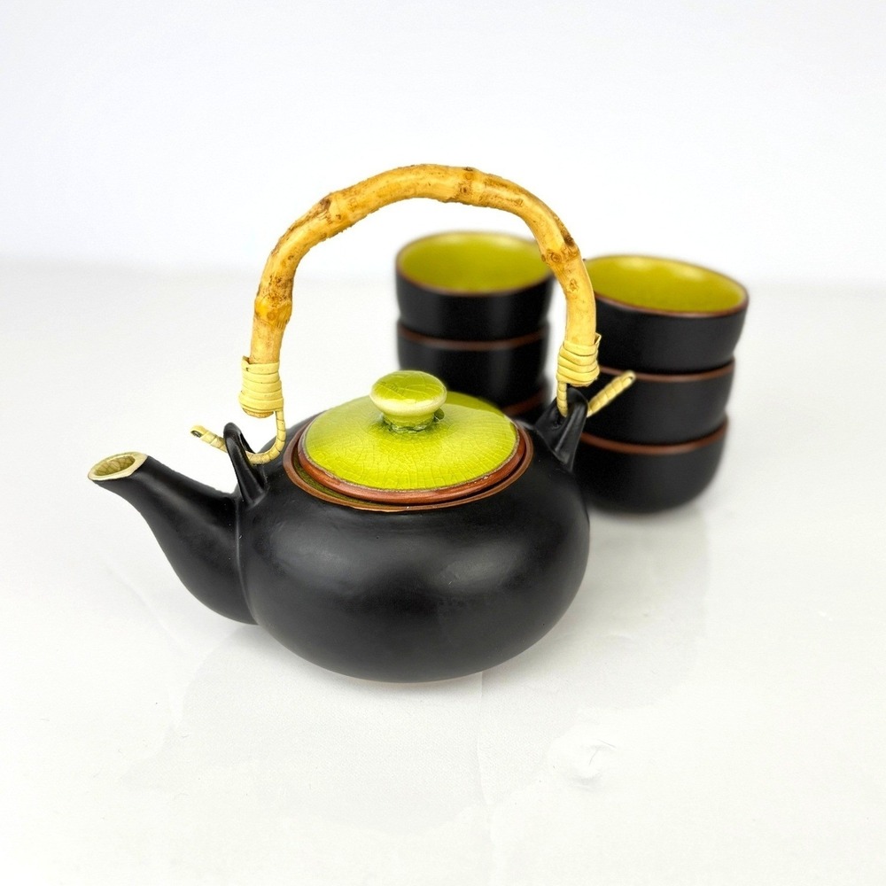Crackle‎ Glaze Ceramic Black and Chartreuse GreenTea Set with Bamboo Handle 7pc